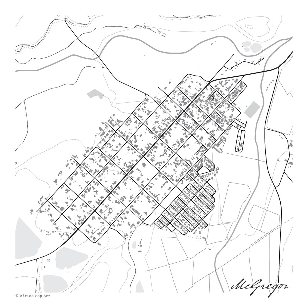 McGregor map print in the minimalist Mono style, with black street lines, grey buildings and a grey river curving past the town's diagonal grid on a white background