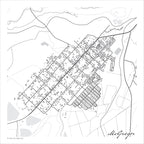 McGregor map print in the minimalist Mono style, with black street lines, grey buildings and a grey river curving past the town's diagonal grid on a white background