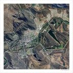 Montagu aerial map print showing the town's grid from above, with green irrigated vineyards, a dark dam and the folded ridges of the surrounding mountains