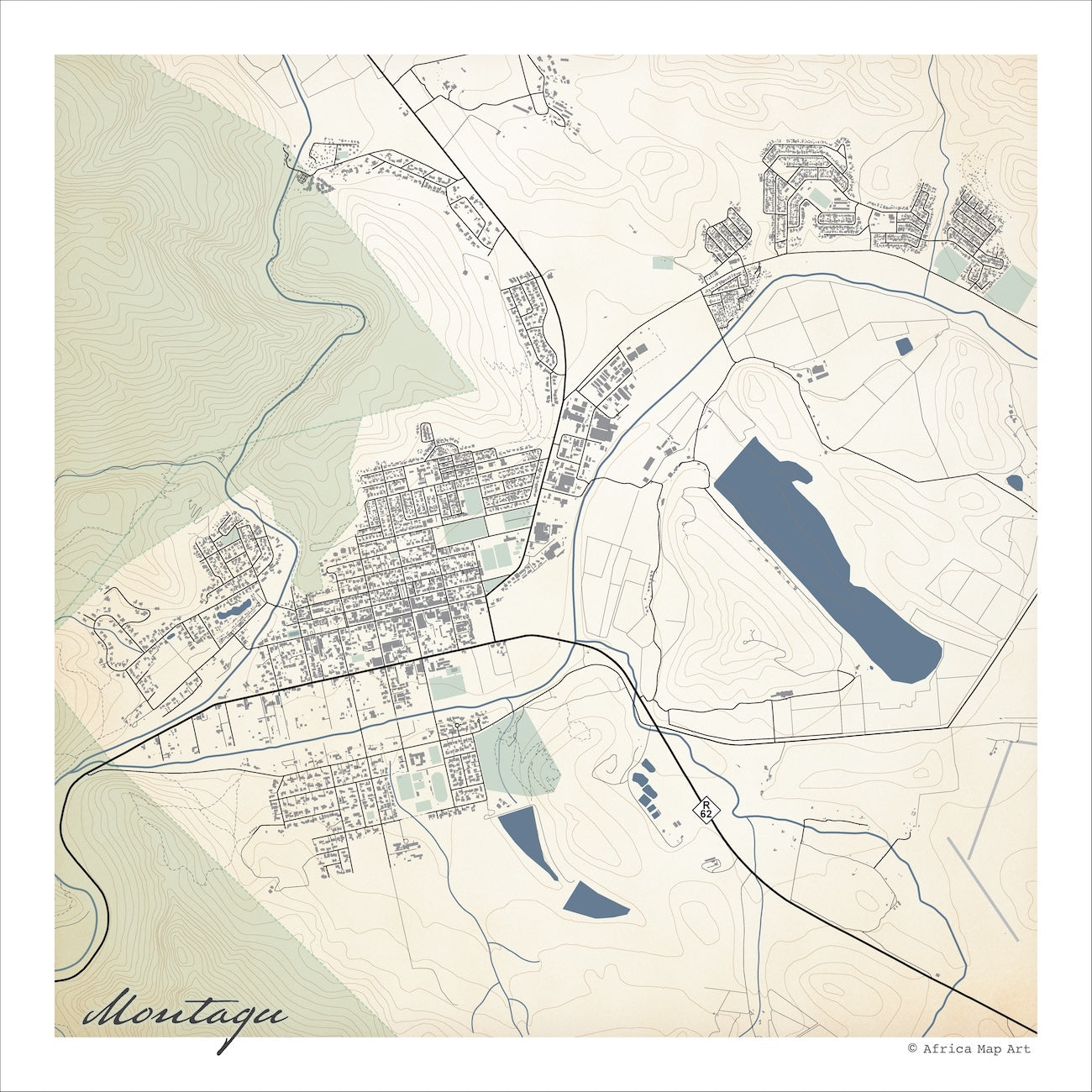 Montagu map print in the Classic style, with fine black street lines and grey buildings, Route 62, a blue river and dense mountain contour lines on a cream background