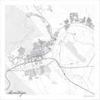 Montagu map print in the minimalist Mono style, with black street lines, grey buildings, Route 62 and a grey river below dense mountain contours on a white background
