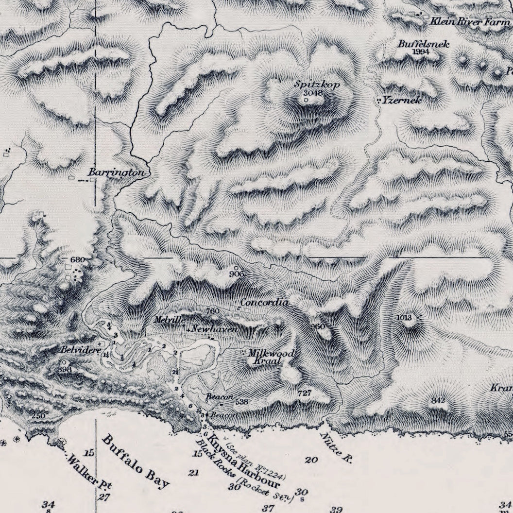 Close-up detail of the 1868 Admiralty chart of Mossel Bay to Cape St Francis reproduction print, showing Knysna Harbour, Buffalo Bay and the engraved hills around Belvidere