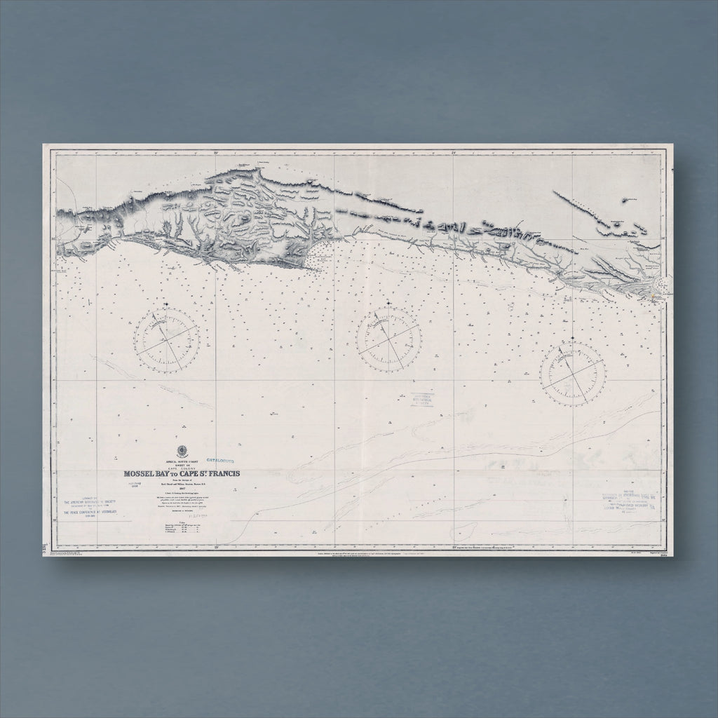 1868 Admiralty chart from Mossel Bay to Cape St Francis, reproduction print showing the Garden Route coast and Plettenberg Bay, with three compass roses