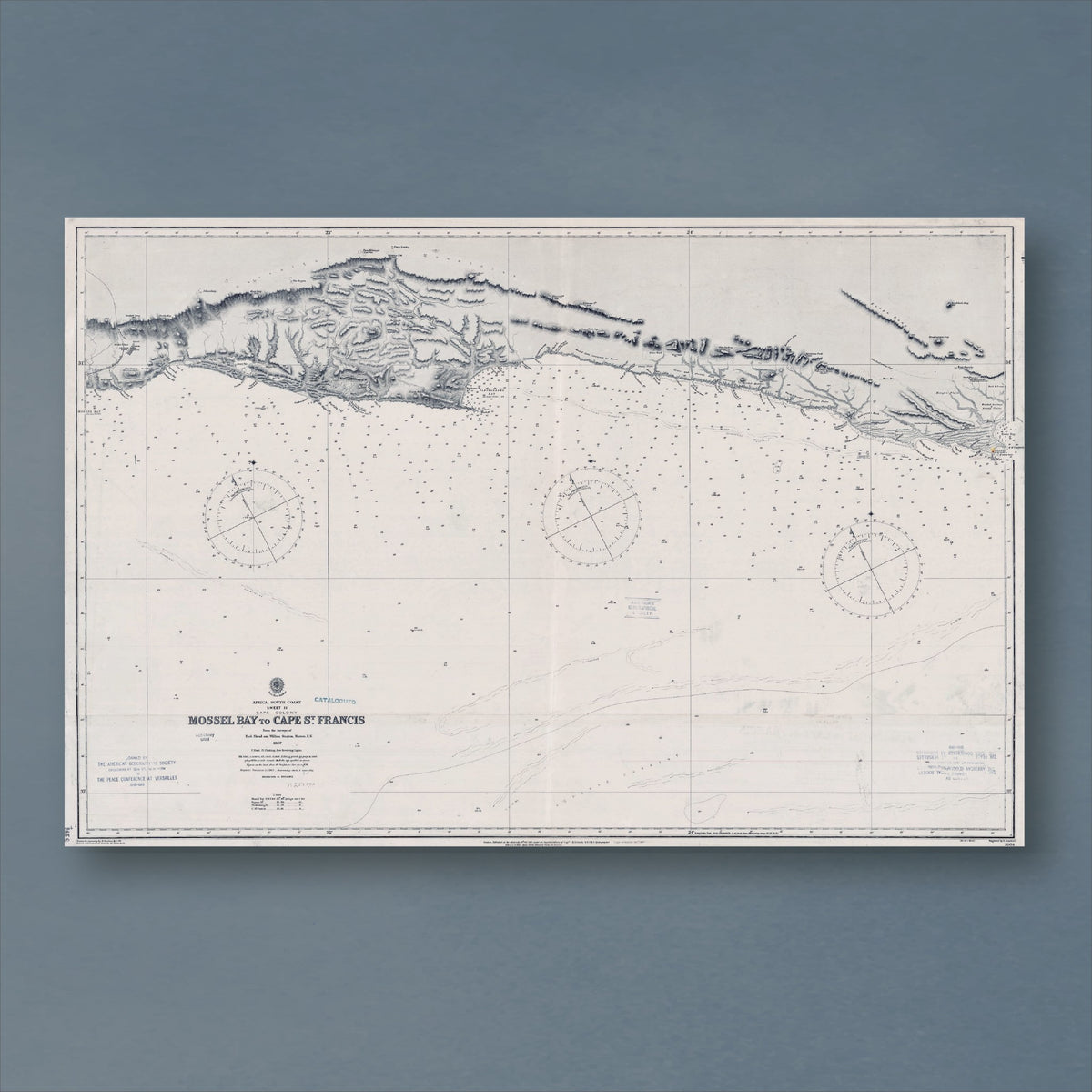 1868 Admiralty chart from Mossel Bay to Cape St Francis, reproduction print showing the Garden Route coast and Plettenberg Bay, with three compass roses