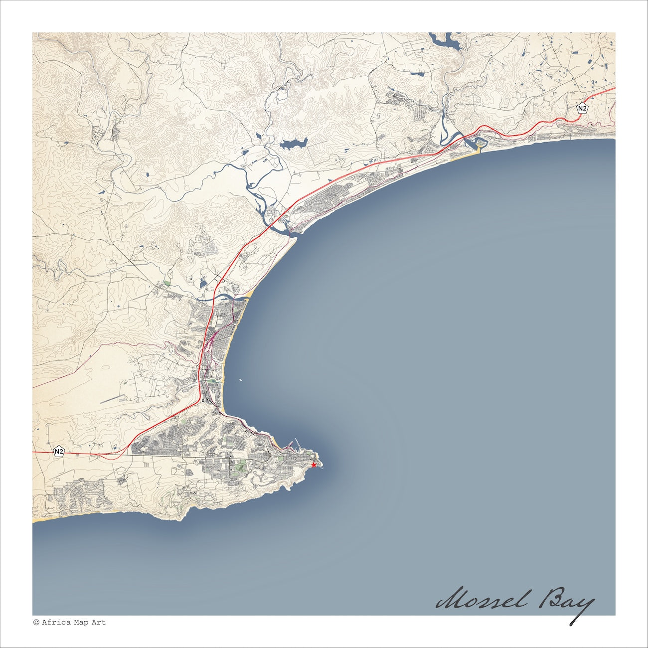 Mossel Bay 1 map print in the Classic style, also covering Groot Brakrivier, Klein Brakrivier and Dana Bay, with fine black street lines and contoured slopes on a cream background.