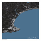 Mossel Bay 1 map print in the Granite style, also covering Groot Brakrivier, Klein Brakrivier and Dana Bay, with fine white streets, buildings and mountain contours on a black background with blue sea. 