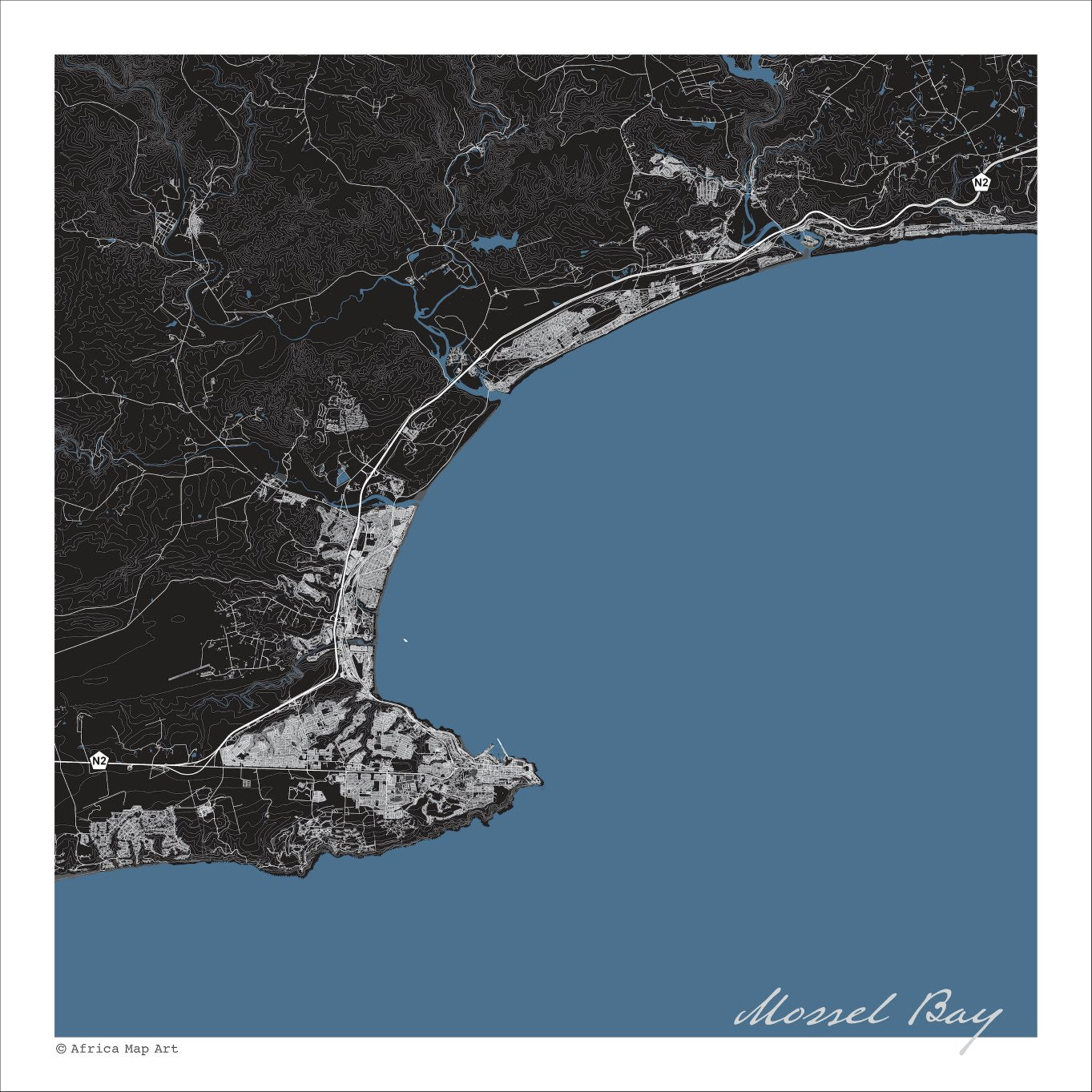 Mossel Bay 1 map print in the Granite style, also covering Groot Brakrivier, Klein Brakrivier and Dana Bay, with fine white streets, buildings and mountain contours on a black background with blue sea. 