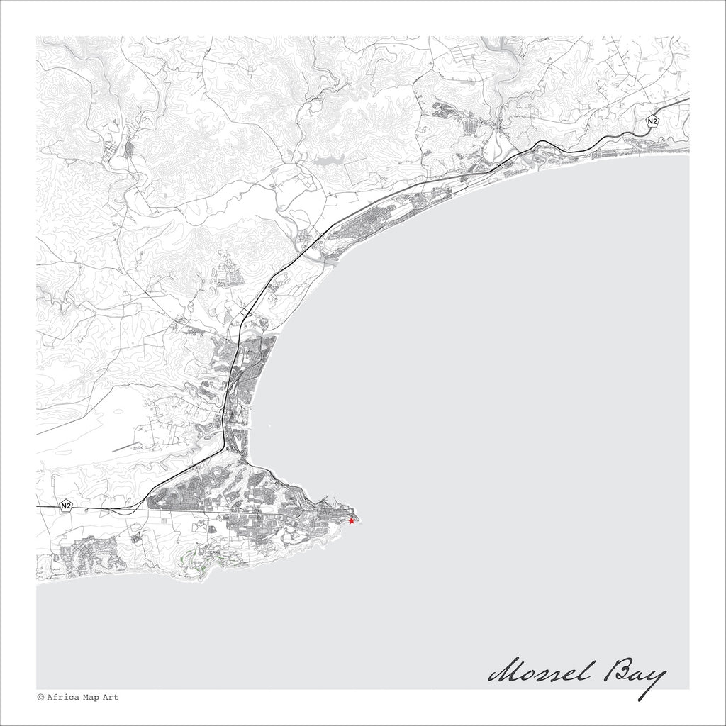 Mossel Bay 1 map print in the minimalist Mono style, also covering Groot Brakrivier, Klein Brakrivier and Dana Bay, with fine black street lines and contoured slopes on a white background with grey sea.