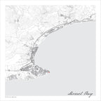 Mossel Bay 1 map print in the minimalist Mono style, also covering Groot Brakrivier, Klein Brakrivier and Dana Bay, with fine black street lines and contoured slopes on a white background with grey sea.