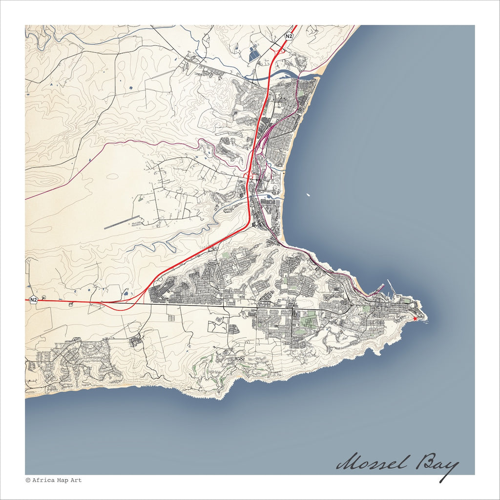 Mossel Bay 2 map print in the Classic style, also covering Cape St Blaize and the harbour, with fine black street lines and contoured slopes on a cream background.