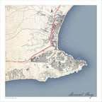 Mossel Bay 2 map print in the Classic style, also covering Cape St Blaize and the harbour, with fine black street lines and contoured slopes on a cream background.