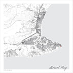 Mossel Bay 2 map print in the minimalist Mono style, also covering Cape St Blaize and the harbour, with fine black street lines and contoured slopes on a white background with grey sea.