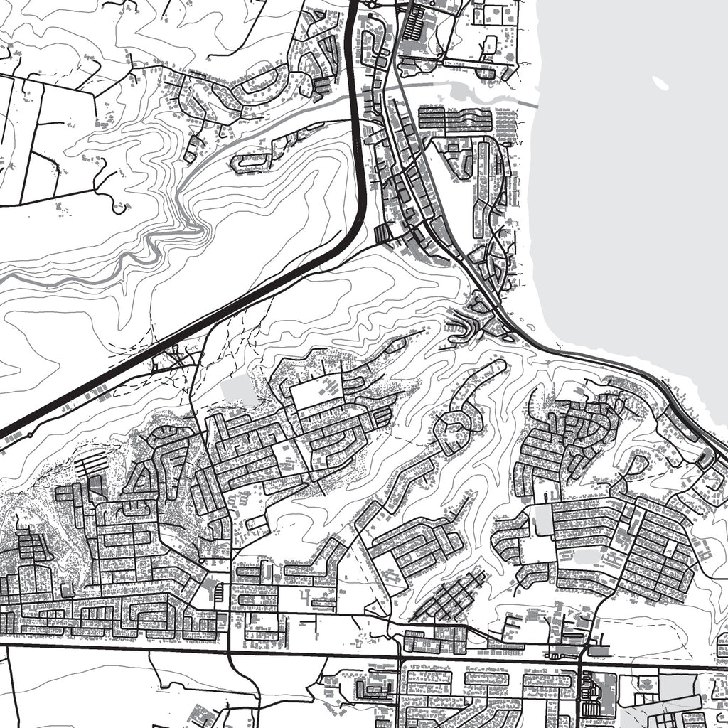 Close-up detail of the Mossel Bay 2 Mono map print, showing the fine line work and quality of the full-size print