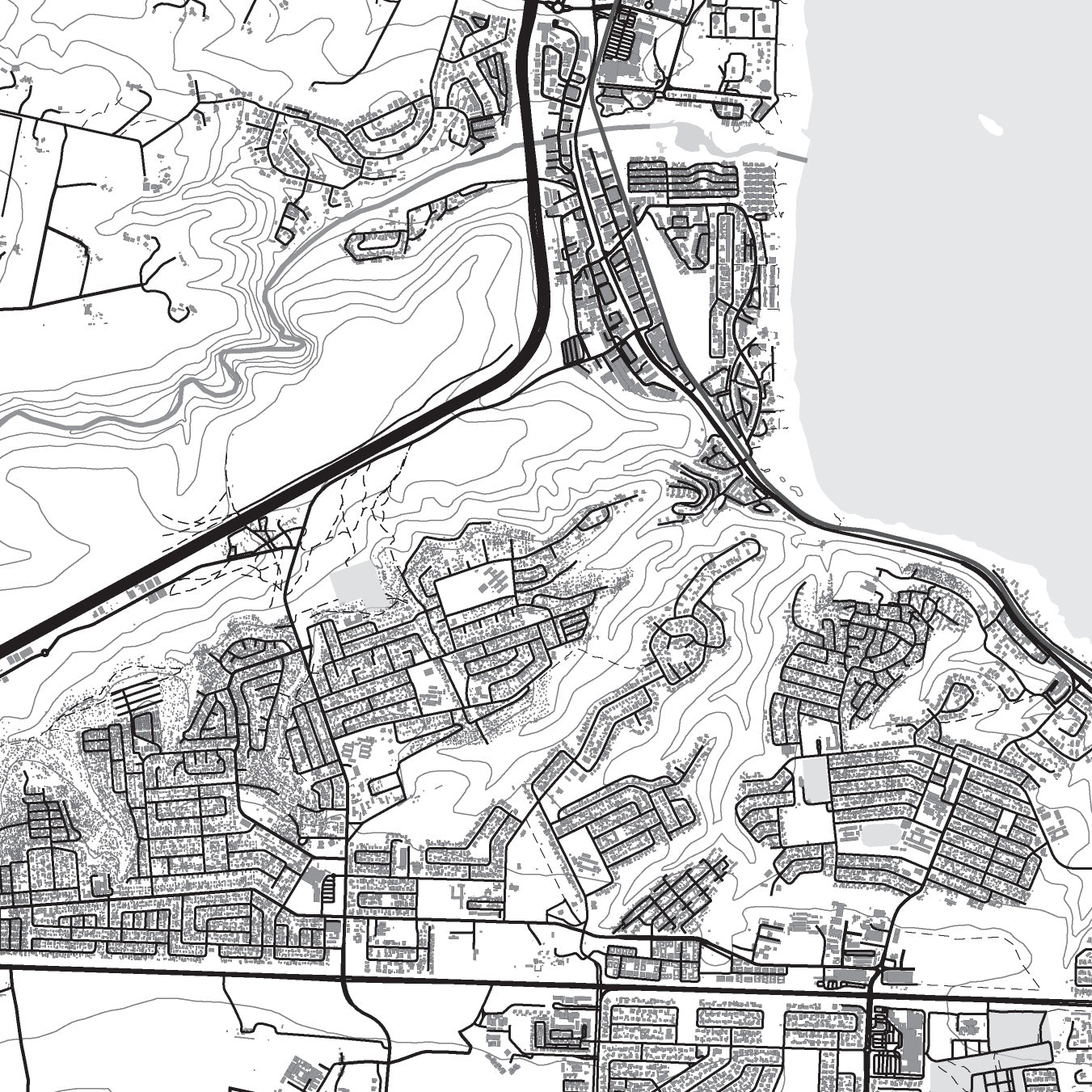 Close-up detail of the Mossel Bay 2 Mono map print, showing the fine line work and quality of the full-size print