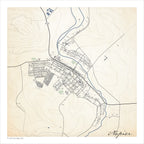 Napier map print in the Classic style, with the blue river curving past the village, grey buildings and fine contour lines on a cream background