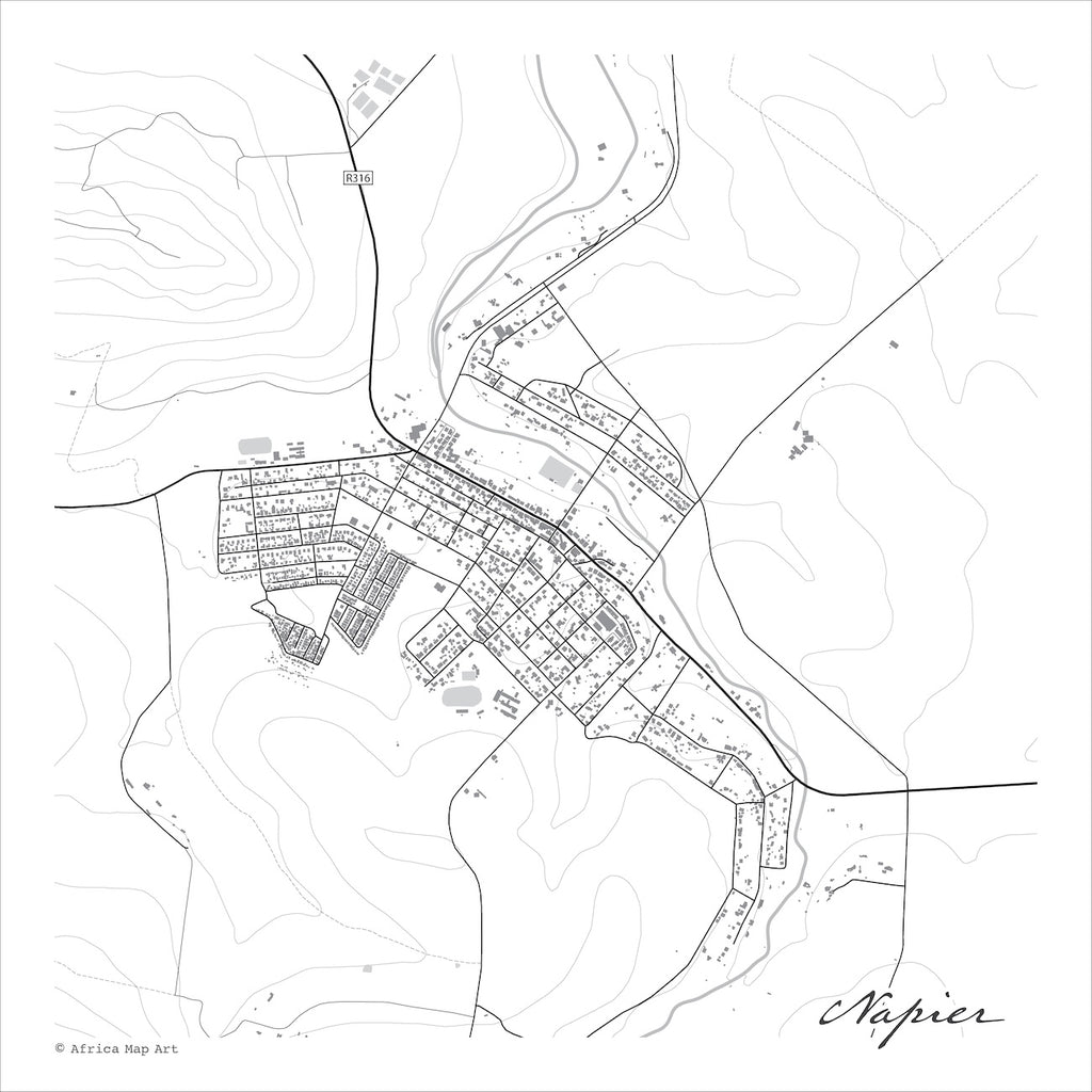 Napier map print in the minimalist Mono style, with grey buildings, black street lines and fine contour lines on a white background