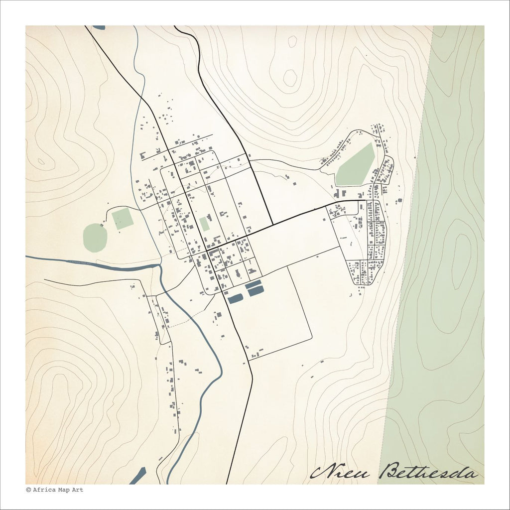 Nieu Bethesda map print in the Classic style, with the blue river, grey buildings and green hillside to the east on a cream background