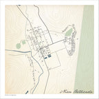 Nieu Bethesda map print in the Classic style, with the blue river, grey buildings and green hillside to the east on a cream background