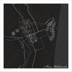 Nieu Bethesda map print in the Granite style, with white street lines, the river in blue and fine white contour lines on a black background