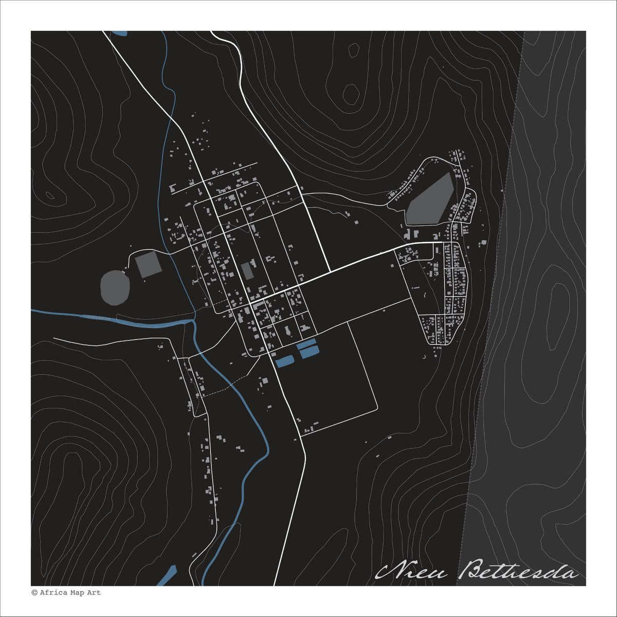 Nieu Bethesda map print in the Granite style, with white street lines, the river in blue and fine white contour lines on a black background