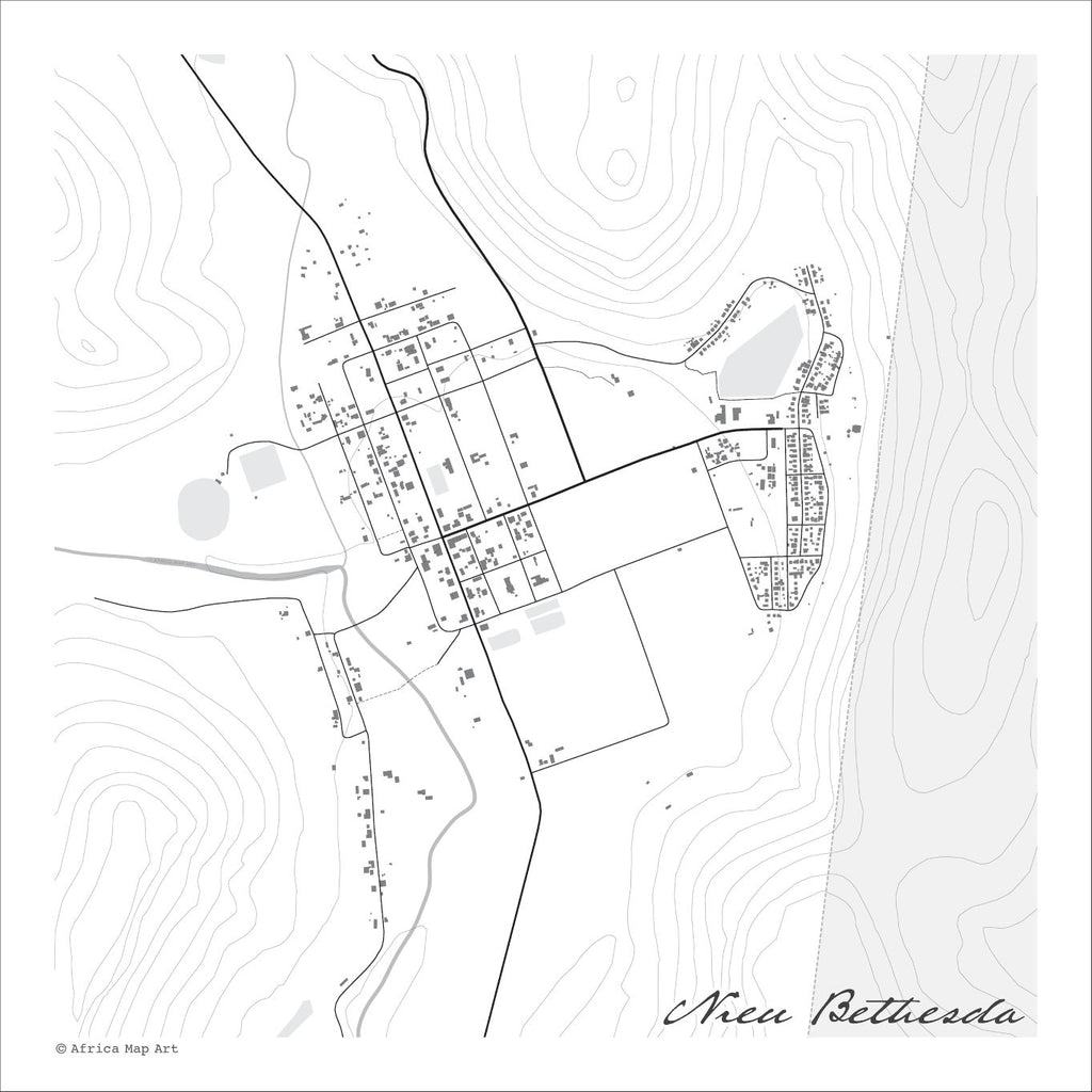 Nieu Bethesda map print in the minimalist Mono style, with grey buildings, black street lines and fine contour lines on a white background