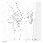 Nieu Bethesda map print in the minimalist Mono style, with grey buildings, black street lines and fine contour lines on a white background