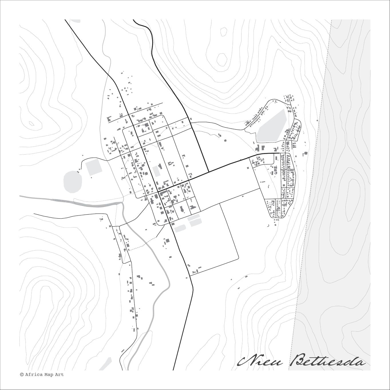 Nieu Bethesda map print in the minimalist Mono style, with grey buildings, black street lines and fine contour lines on a white background