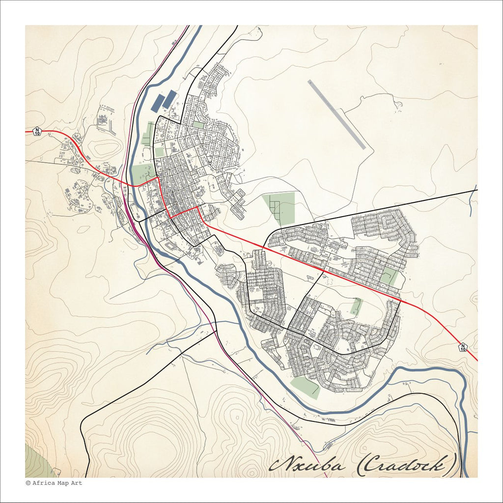 Nxuba (Cradock) map print in the Classic style, with fine black street lines and grey buildings, the blue Great Fish River looping around the town and dense Karoo contour lines on a cream background