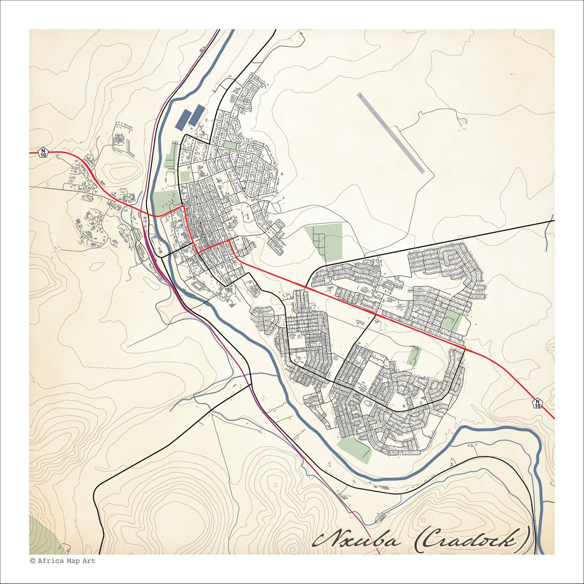 Nxuba (Cradock) map print in the Classic style, with fine black street lines and grey buildings, the blue Great Fish River looping around the town and dense Karoo contour lines on a cream background