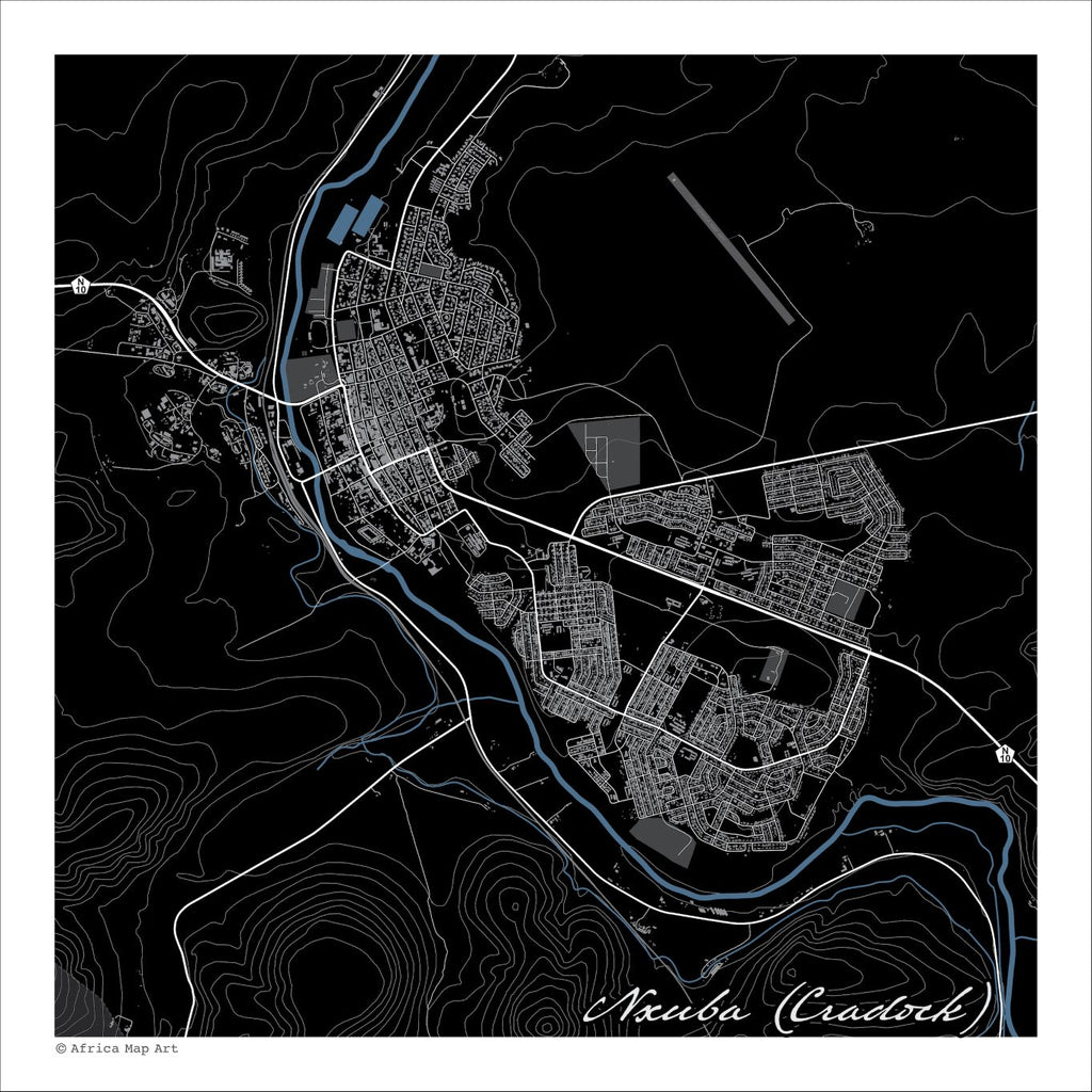 Nxuba (Cradock) map print in the Granite style, with fine white street lines, the blue Great Fish River and white Karoo contour lines on a black background