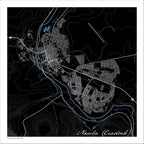 Nxuba (Cradock) map print in the Granite style, with fine white street lines, the blue Great Fish River and white Karoo contour lines on a black background