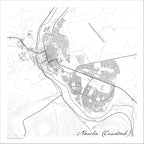 Nxuba (Cradock) map print in the minimalist Mono style, with black street lines, grey buildings, a grey river and the airstrip east of town on a white background