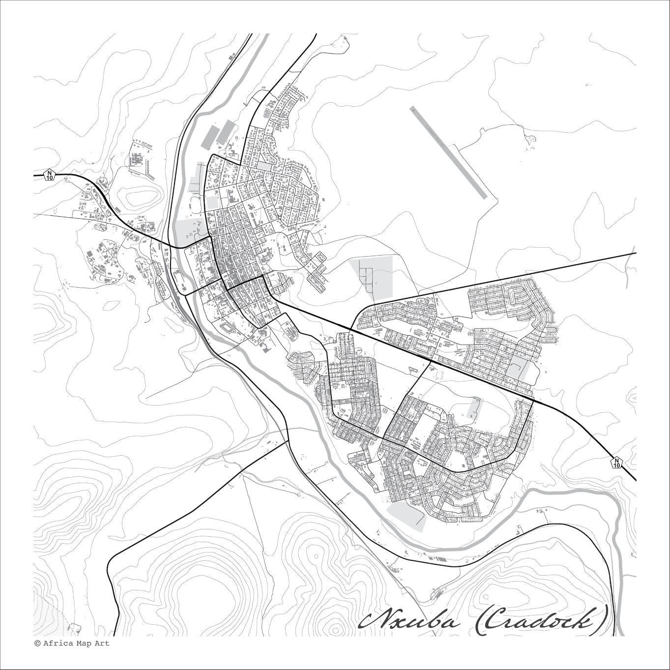 Nxuba (Cradock) map print in the minimalist Mono style, with black street lines, grey buildings, a grey river and the airstrip east of town on a white background
