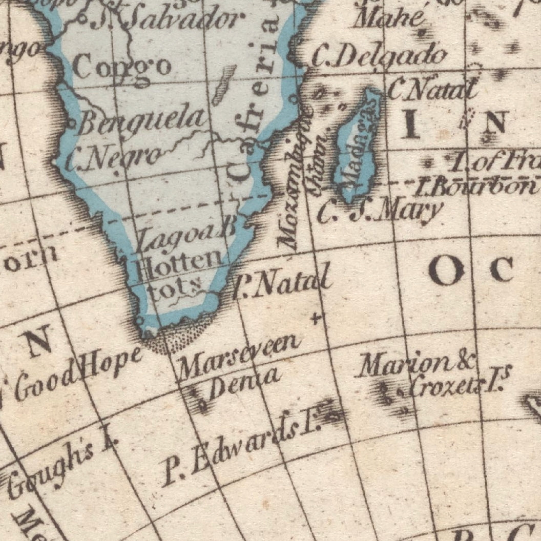 Detail of Faden's 1798 Old World map showing southern Africa, Madagascar and the Cape of Good Hope, with blue-edged coastlines and fine lettering