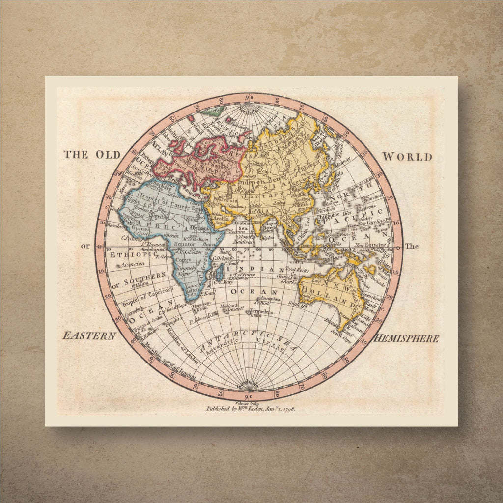 William Faden's 1798 map of the Old World, a circular Eastern Hemisphere with Europe in pink, Asia and Australia in yellow and Africa in blue