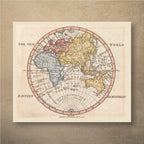 William Faden's 1798 map of the Old World, a circular Eastern Hemisphere with Europe in pink, Asia and Australia in yellow and Africa in blue