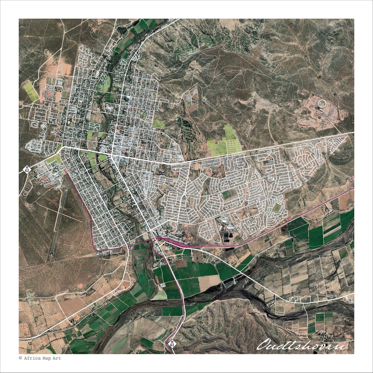 Oudtshoorn aerial map print showing satellite imagery of the town and its green irrigated plots, with white roads across the browns and tans of the Karoo landscape.