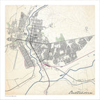 Oudtshoorn map print in the Classic style, with the blue Grobbelaars River, grey buildings and fine mountain contours on a cream background