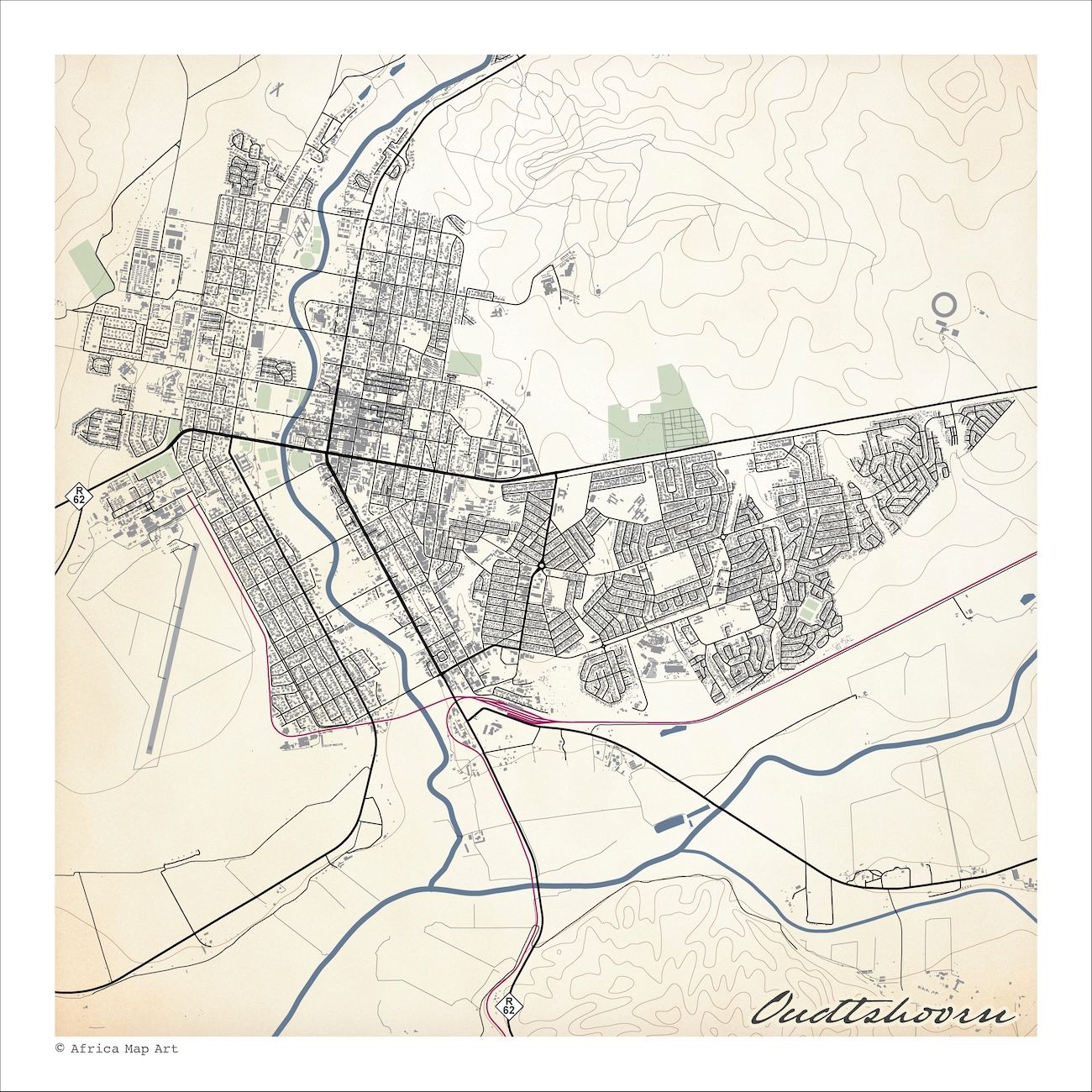 Oudtshoorn map print in the Classic style, with the blue Grobbelaars River, grey buildings and fine mountain contours on a cream background