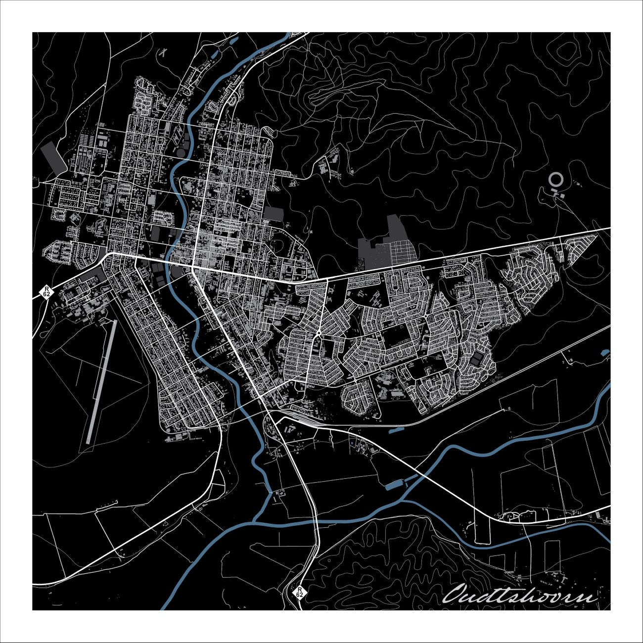 Oudtshoorn map print in the Granite style, with white streets, the blue Grobbelaars River, dense grey buildings and fine contour lines on a black background