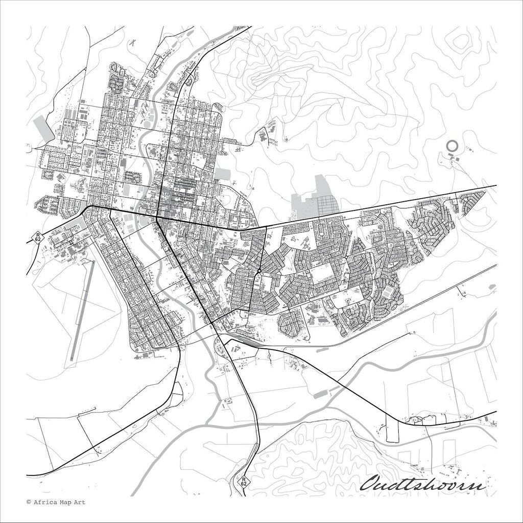 Oudsthoorn map print in the Mono style, a black and white design with dark street lines, grey buildings, and fine contour lines on a white background 