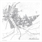 Oudsthoorn map print in the Mono style, a black and white design with dark street lines, grey buildings, and fine contour lines on a white background 