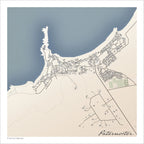 Paternoster map print in the Classic style, with fine black street lines and grey buildings, the blue bay, the rocky point and green sports fields on a cream background