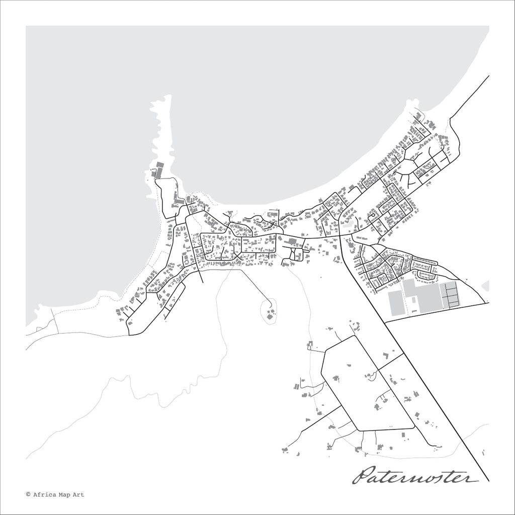 Paternoster map print in the minimalist Mono style, with fine black street lines and grey buildings, the grey bay, the rocky point and the sports fields on a white background