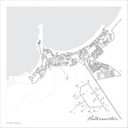 Paternoster map print in the minimalist Mono style, with fine black street lines and grey buildings, the grey bay, the rocky point and the sports fields on a white background