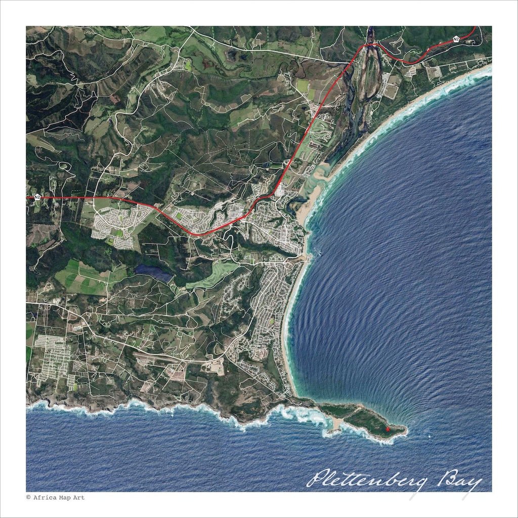 Plettenberg Bay aerial map print showing the town, Keurbooms River, lagoon and Robberg Peninsula from above, with white beaches and blue sea against green coastal hills.