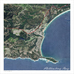 Plettenberg Bay aerial map print showing the town, Keurbooms River, lagoon and Robberg Peninsula from above, with white beaches and blue sea against green coastal hills.