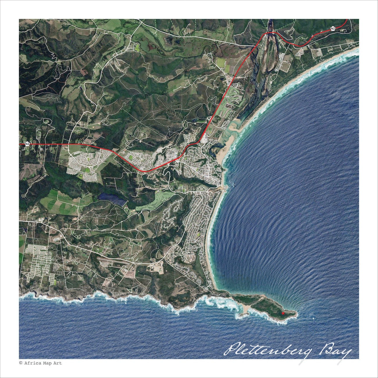 Plettenberg Bay aerial map print showing the town, Keurbooms River, lagoon and Robberg Peninsula from above, with white beaches and blue sea against green coastal hills.