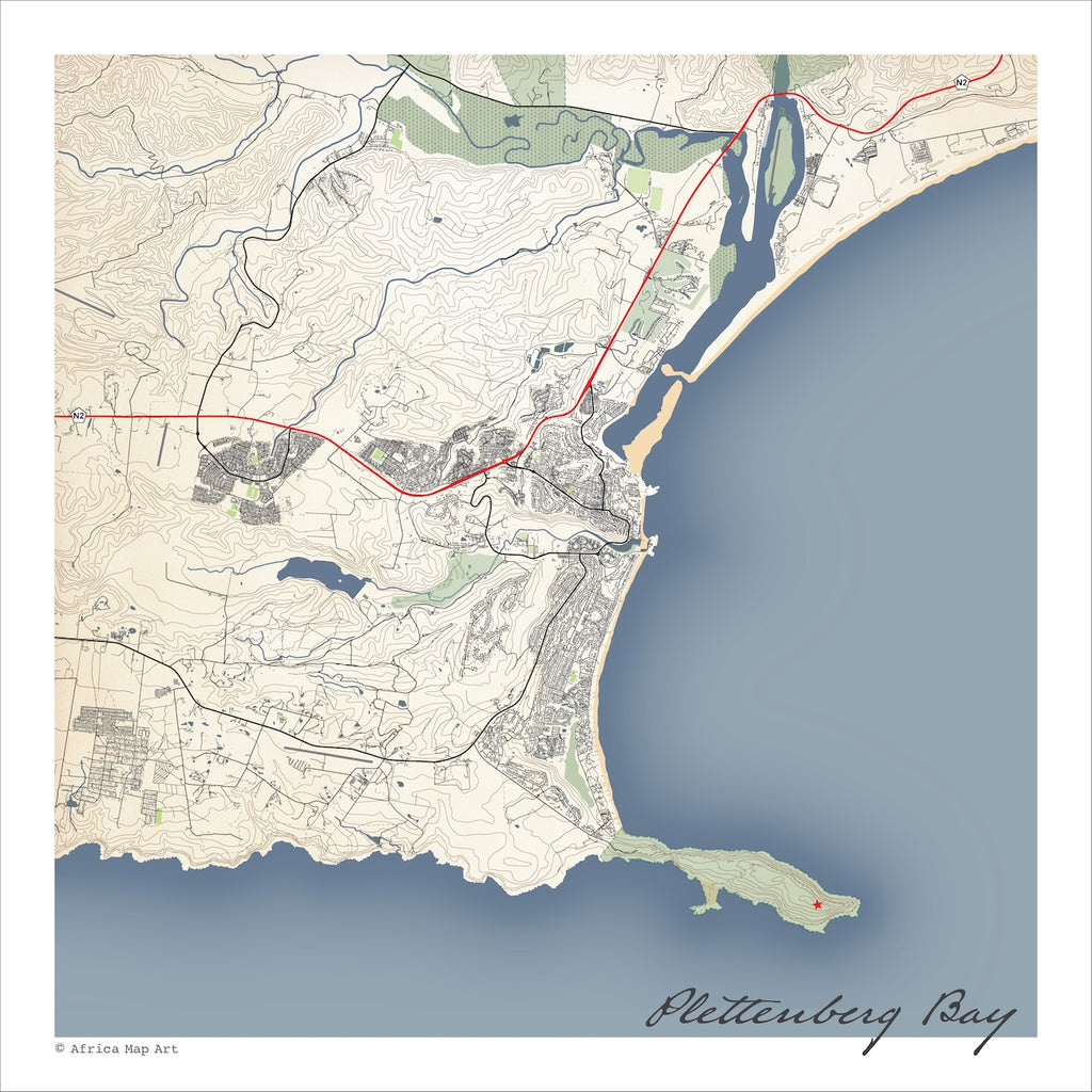 Plettenberg Bay map print in the Classic style, also covering the Keurbooms River, lagoon and Robberg Peninsula, with fine black street lines, blue sea and contoured slopes on a cream background.