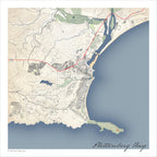 Plettenberg Bay map print in the Classic style, also covering the Keurbooms River, lagoon and Robberg Peninsula, with fine black street lines, blue sea and contoured slopes on a cream background.